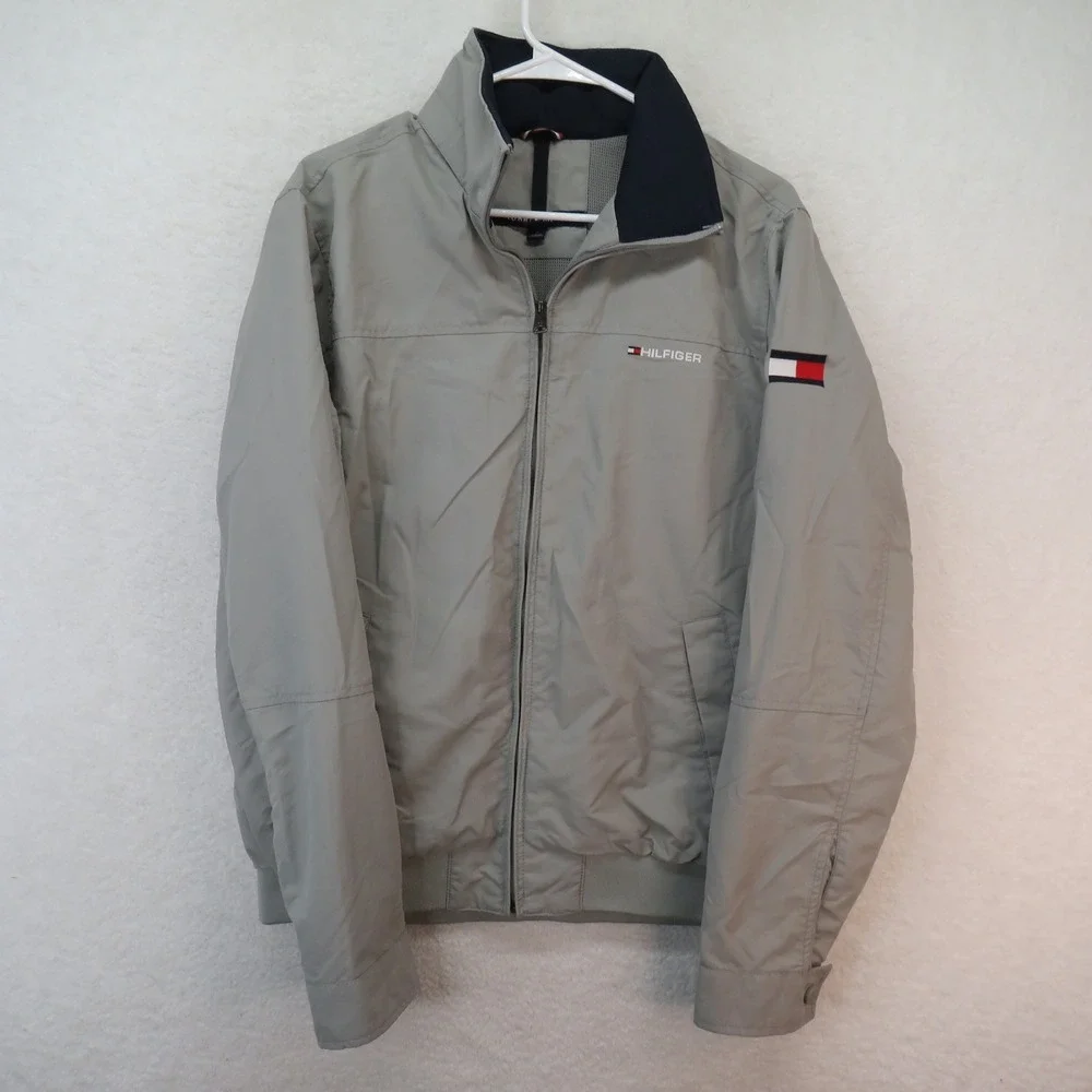 Tommy Hilfiger Mens Grey Packable Hood Windbreaker Bomber Jacket Size M